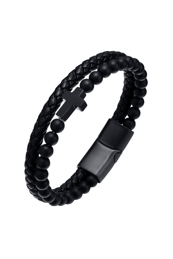 Mens Cross Bead Braided Genuine Leather Bracelet, Black Gemstone Agate Onyx Beaded Rosary Obsidian Bangle, Faith Religious Easter Catholic Christian Communion Baptism Christmas Jewelry Gift for Men