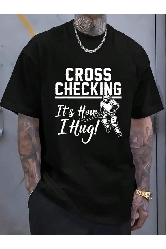 Mens Cross Checking Hockey Graphic T-Shirt - Black 7, Crew Neck Short Sleeve, Streetwear Style, Regular Fit Cotton Tee