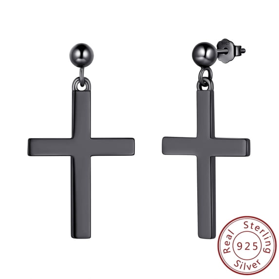 Mens Cross Earrings 925 Sterling Silver Women Stud Earrings Gothic Dangle Drop Earring Punk Hip Hop Black Jewelry Easter Gift