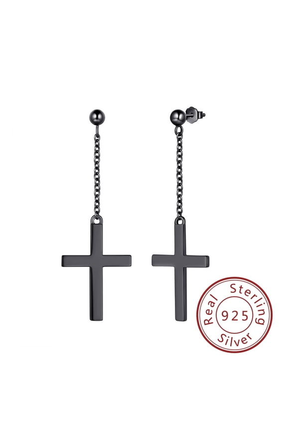 Mens Cross Earrings 925 Sterling Silver Black Drop Dangle Earrings Women Punk Hip Hop Christian Religious Jewelry Easter Gifts