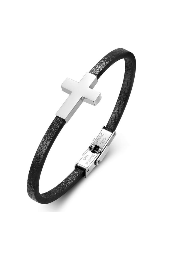 Mens Cross Leather Bracelet, Adjustable Jesus Faith Christian Religious Bracelets, Catholic Communion Baptism Bracelets Jewelry Gift for Men
