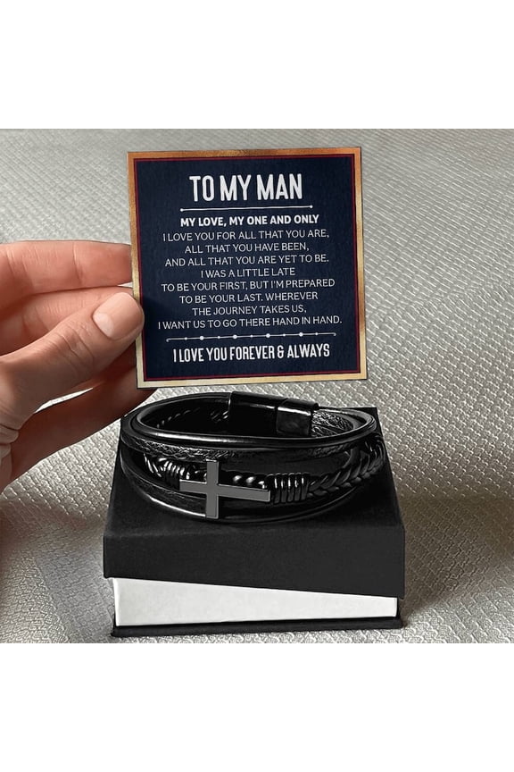 Mens Cross Leather Bracelet Gift For Boyfriend On Birthday Anniversary Christmas Present Keepsakes Message Card Jewelry For Him