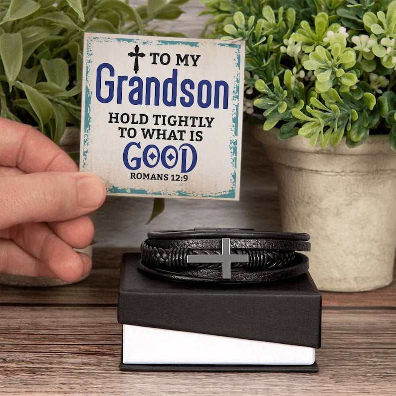 Mens Cross Leather Bracelet Gift For Grandson On Birthday, Graduation, Christmas Present Keepsakes Message Card Custom Jewelry