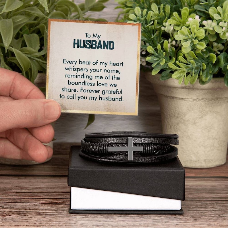 Mens Cross Leather Bracelet Gift For Husband On Birthday, Anniversary, Christmas present Keepsakes Message Card Jewelry For Him