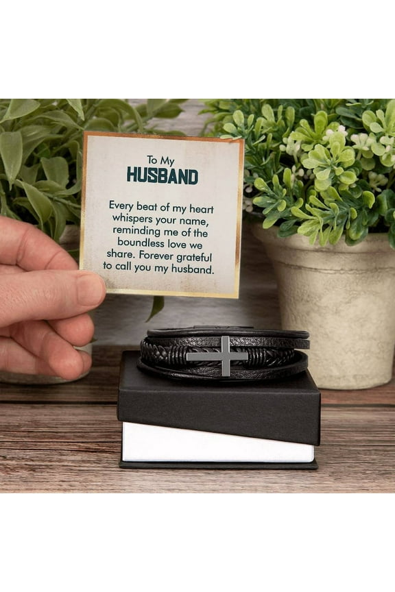 Mens Cross Leather Bracelet Gift For Husband On Birthday, Anniversary, Christmas present Keepsakes Message Card Jewelry For Him