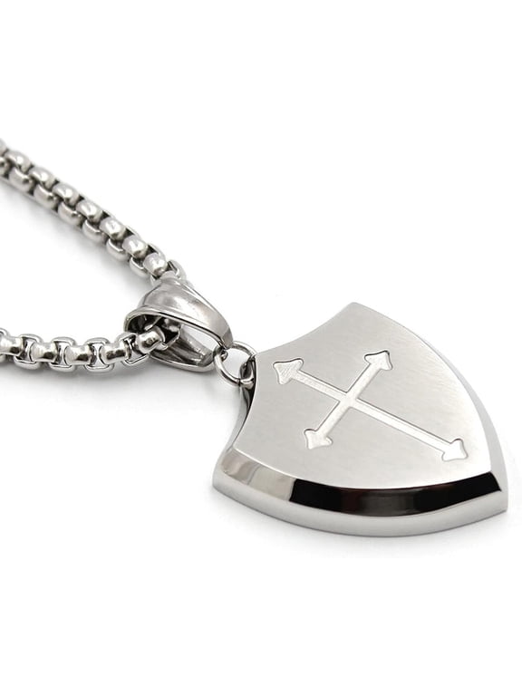 Mens Cross Necklace Shield Armor of God Pendant with Bible Verse Joshua 1:9 Stainless Steel