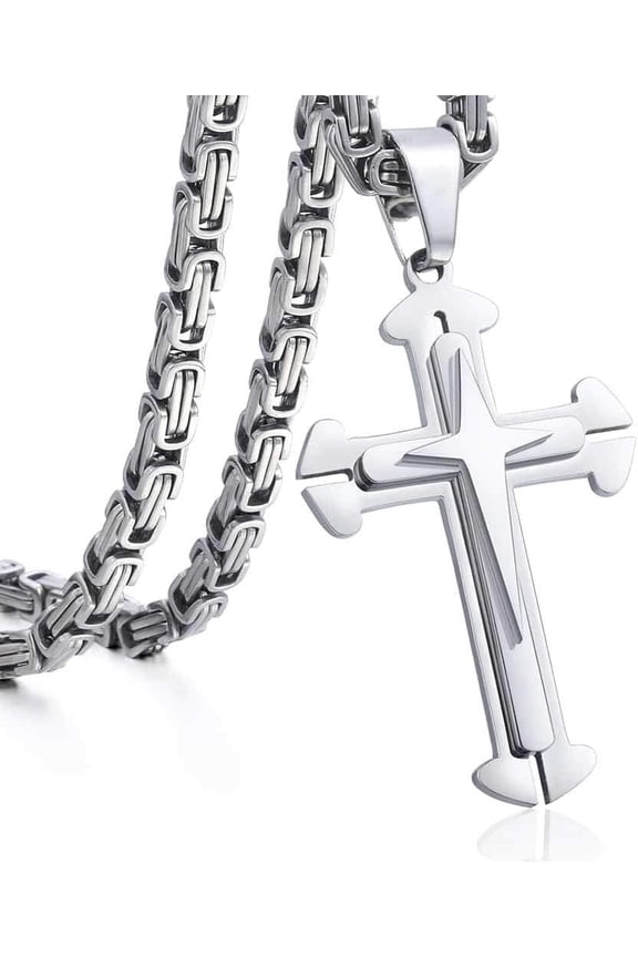 Mens Cross Pendant Necklace Stainless Steel Gold Silver Byzantine Chain 22-30inch