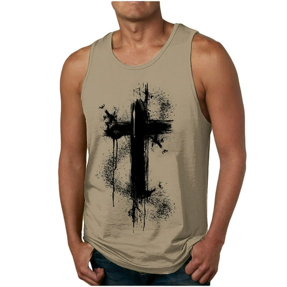 Mens Cross Printing Vintage Tank Tops Round Neck Loose Stretch Casual Muscle Summer Beach Sleeveless Shirt