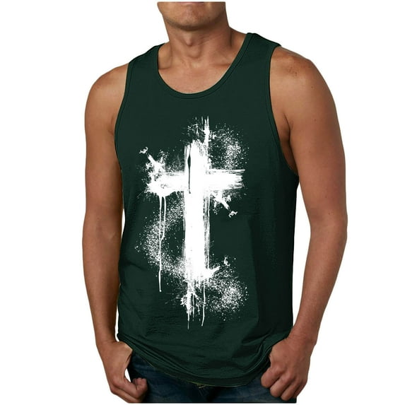 Mens Cross Printing Vintage Tank Tops Round Neck Loose Stretch Casual Muscle Summer Beach Sleeveless Shirt