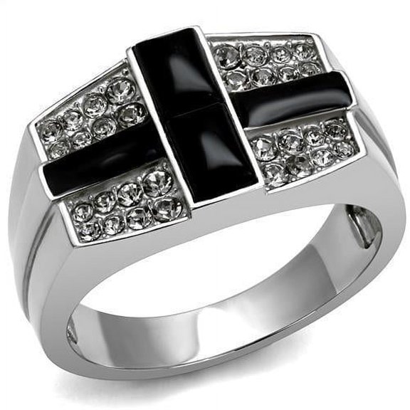 Mens Cross Rings Black Onyx Stainless Steel Ring with Top Grade Crystal in Clear