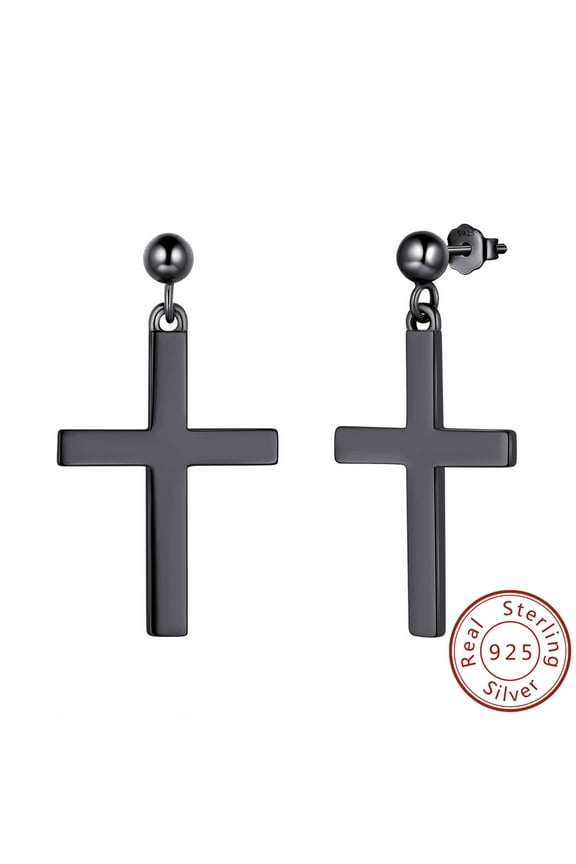 Mens Cross Earrings 925 Sterling Silver Women Stud Earrings Gothic Dangle Drop Earring Punk Hip Hop Black Jewelry Easter Gift