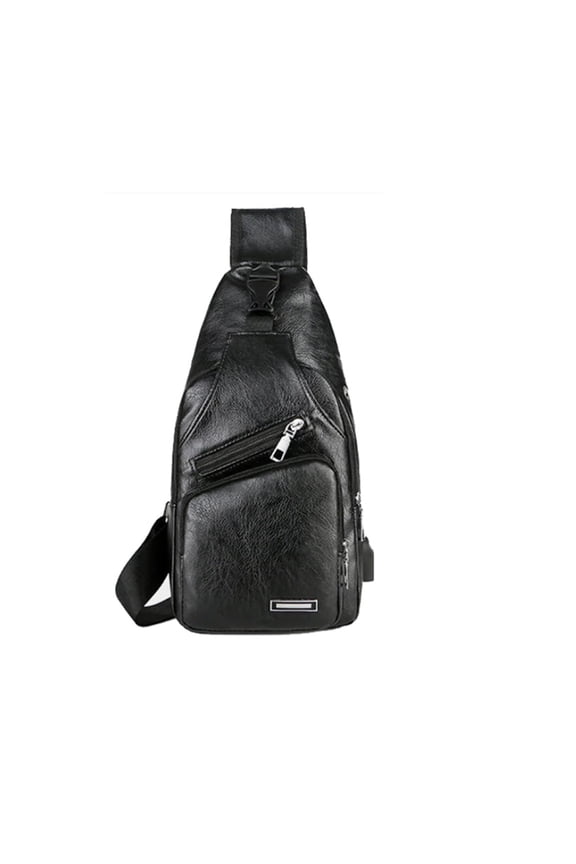 Mens Crossbody Bag with USB Charging Plug & Interface, Versatile Sling Bag, Split Leather, Black