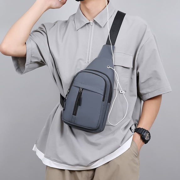 Mens Crossbody Chest Bag with Multiple Pockets Water Leather Shoulder Sling for Outdoor Travel and Everyday Essentials Fits Tablet Adjustable Strap Earphone Port Lightweight