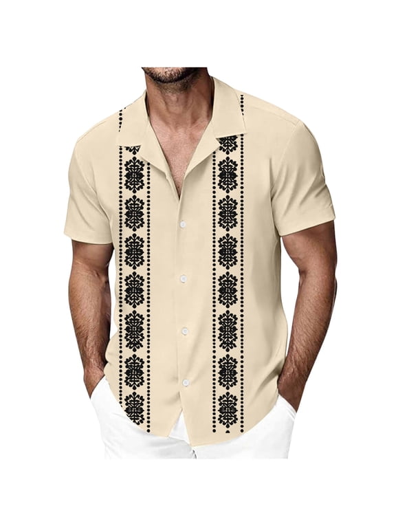 Mens Cuban Guayabera Dress Shirt Short Sleeve Soild Button Down Shirts Floral Beach Wedding Causal Vacation Tops Size 3XL Khaki
