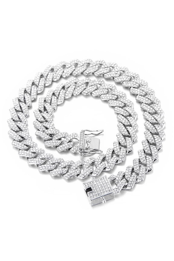 Mens Cuban Link Chain Miami Cuban Bracelet Silver Diamond Cut Stainless Steel Chain for Men 15mm Iced Out Hip Hop Jewelry (9 inch)
