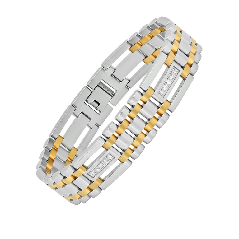 Mens Cubic Zirconia and Two Tone Stainless Steel Link Bracelet