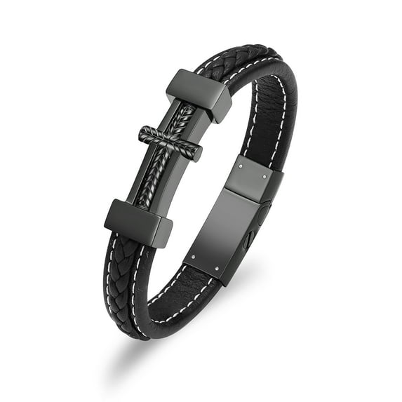 Mens Cuff Cross Bracelet - Stainless Steel Cross Urn Bracelet for Men - Black Multilayer Leather Religious Cremation Bracelet Ashes Keepsake Holder