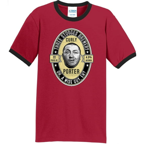 Mens Curly Porter Beer Three Stooges 100% Cotton Ringer Tee Shirt, 4XL Red/Black