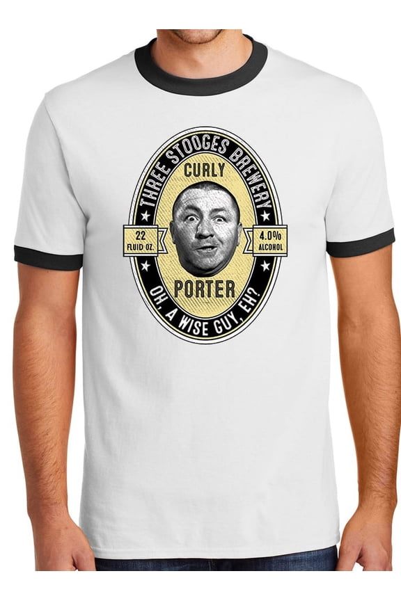 Mens Curly Porter Beer Three Stooges 100% Cotton Ringer Tee Shirt, Large White/Black