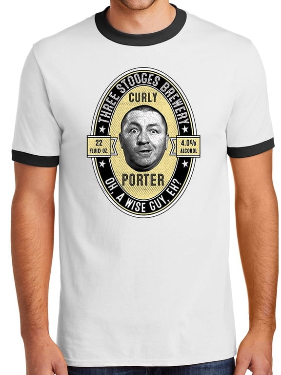 Mens Curly Porter Beer Three Stooges 100% Cotton Ringer Tee Shirt, Large White/Black