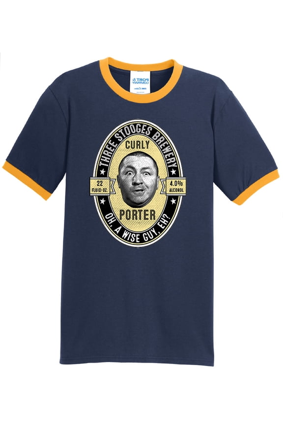 Mens Curly Porter Beer Three Stooges 100% Cotton Ringer Tee Shirt, Medium Navy/Gold