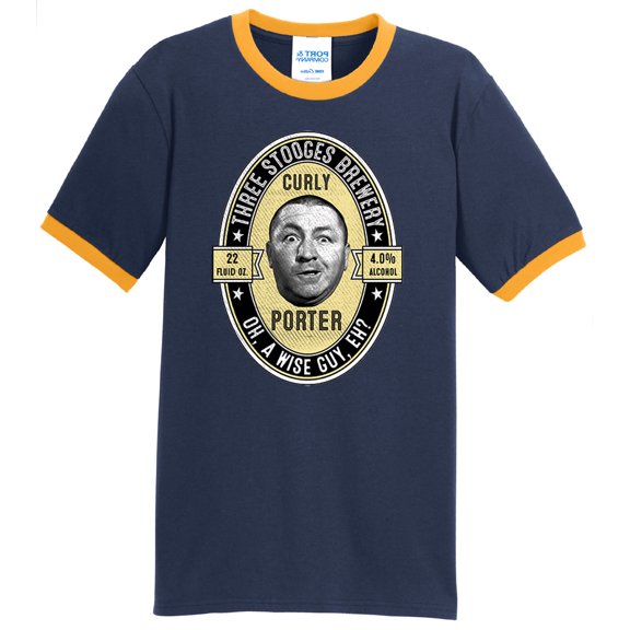 Mens Curly Porter Beer Three Stooges 100% Cotton Ringer Tee Shirt, Medium Navy/Gold