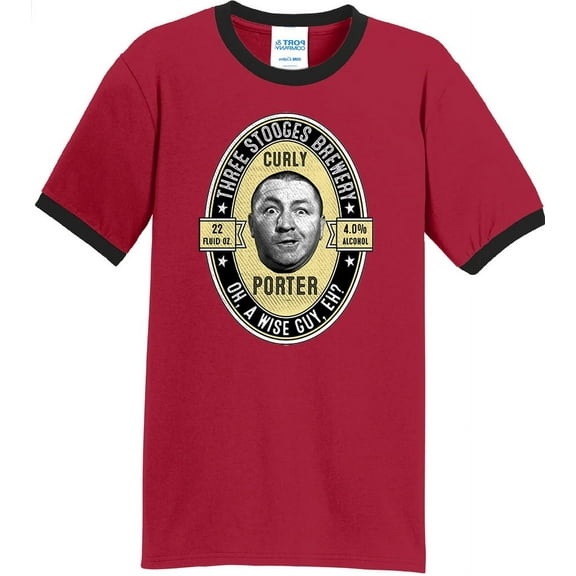 Mens Curly Porter Beer Three Stooges 100% Cotton Ringer Tee Shirt, XL Red/Black