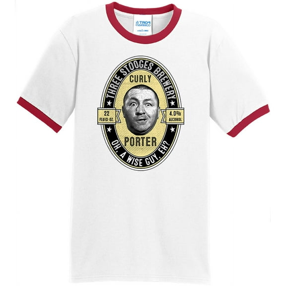 Mens Curly Porter Beer Three Stooges 100% Cotton Ringer Tee Shirt, XL White/Red