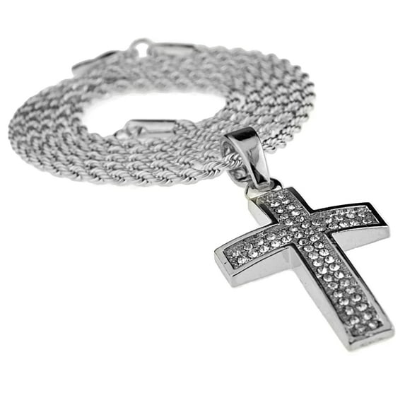 Mens Curved Cross Rope Chain Silver Tone Micro Pave Pendant Hip Hop Necklace 24"