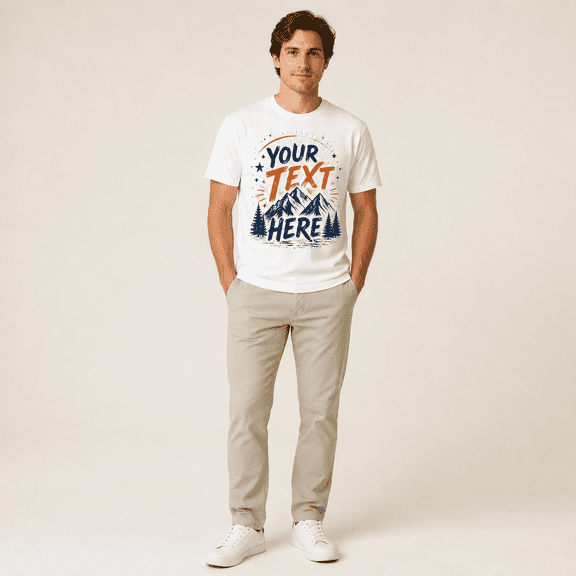 Mens Custom Text Mountain Graphic White Crew Neck Short Sleeve T Shirt for Outdoor Summer Casual Wear