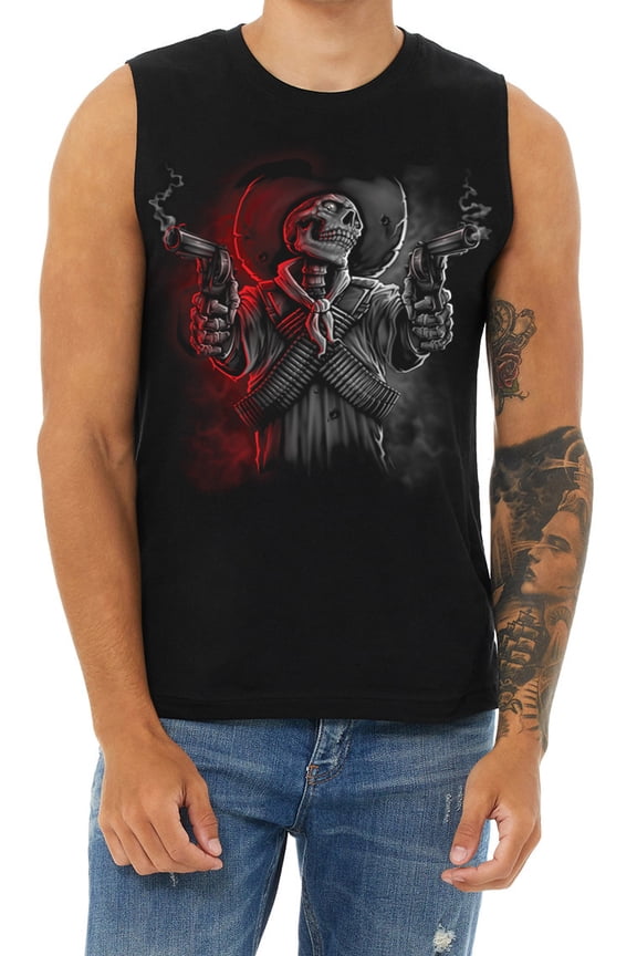 Mens Cut Off Shirts Sleeveless Muscle Tee Gunslinger 2A Skeleton Skull Shirt