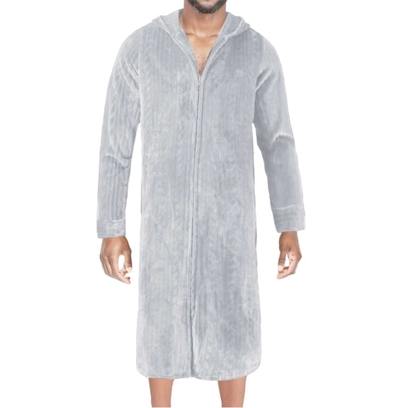Mens Cute Robes Soft Cozy Male Winter Coral Velvet Bathrobe Facecloth Pajamas Zipper Hooded Thickened Longer Winter Bathrobe Lightweight Warm Bathrobe Grey M
