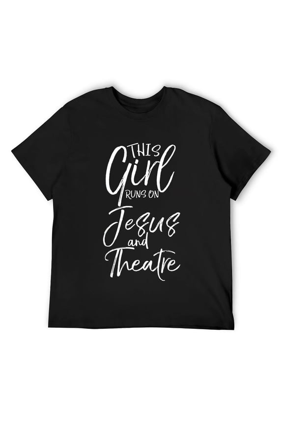 Mens Cute Theater Actor Gift This Girl Runs on Jesus and Theatre T-Shirt Black