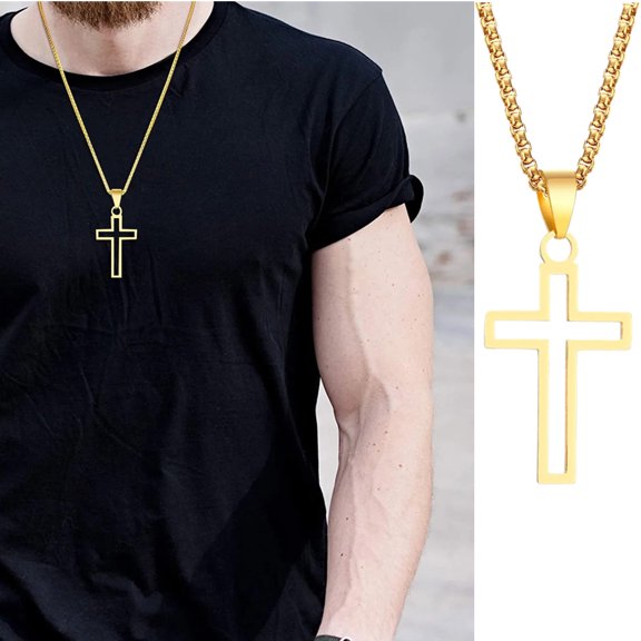 Mens Cutout Cross Necklaces,Waterproof 14K Yellow Gold Hollow Cross Pendant Collar,Religious Faith Christ Gift Jewelry