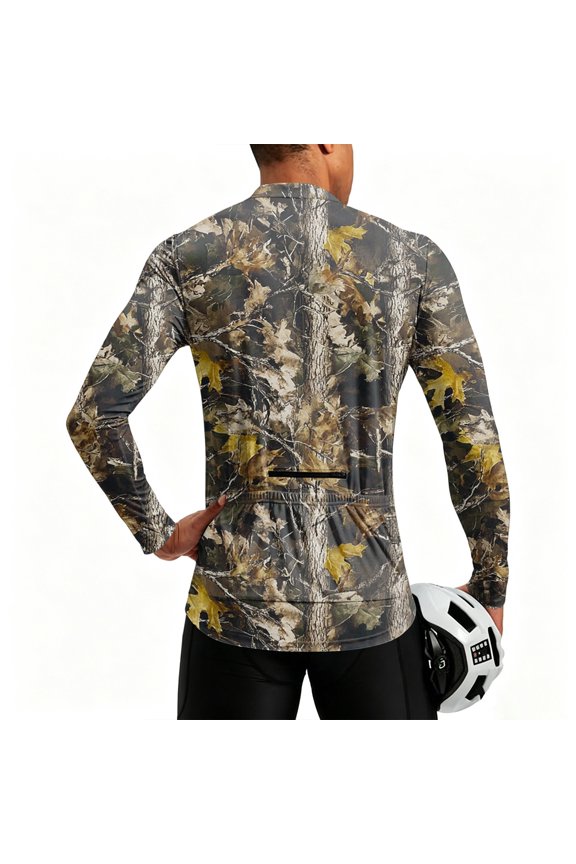 Mens Cycling Jersey Cycling Shirt Long Sleeve Bike Riding Shirt, Autumn Maple Camouflage Sportswear with 3 Rear Pockets, Moisture Wicking Breathable Quick Dry Biking Shirt
