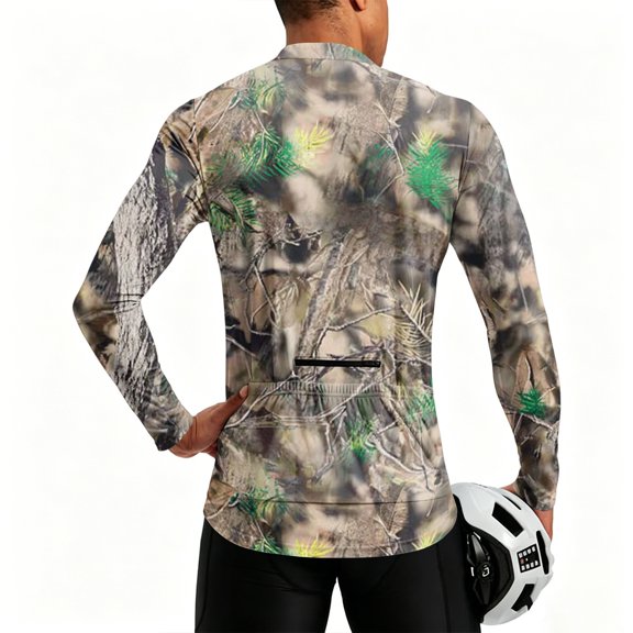 Mens Cycling Jersey Cycling Shirt Long Sleeve Bike Riding Shirt, Dense Twig Dried Maple Camouflage Sportswear with 3 Rear Pockets, Moisture Absorbing Quick Dry Biking Shirt
