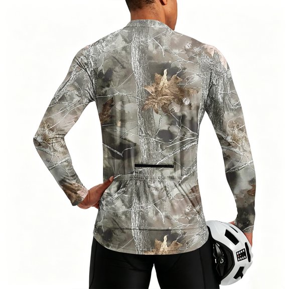 Mens Cycling Jersey Cycling Shirt Long Sleeve Bike Riding Shirt, Dense Twig Dried Maple Camouflage Sportswear with 3 Rear Pockets, Moisture Absorbing Quick Dry Biking Shirt