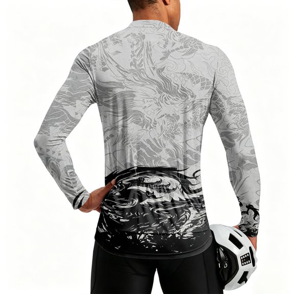 Mens Cycling Jersey Cycling Shirt Long Sleeve Bike Riding Shirt, Eastern Dragon Totem Sportswear with 3 Rear Pockets, Moisture Wicking Breathable Quick Dry Biking Shirt