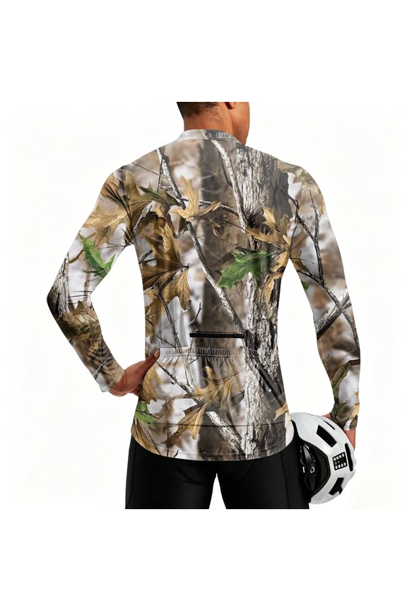 Mens Cycling Jersey Cycling Shirt Long Sleeve Bike Riding Shirt, Tangled Branch Wilderness Camouflage Sportswear with 3 Rear Pockets, Breathable Quick Dry Biking Shirt