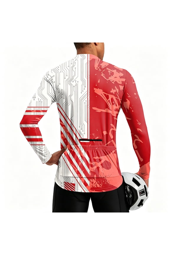 Mens Cycling Jersey Cycling Shirt Long Sleeve Bike Riding Shirt, Tech Circuit Board Graphic Sportswear with 3 Rear Pockets, Moisture Wicking, Breathable Quick Dry Biking Shirt