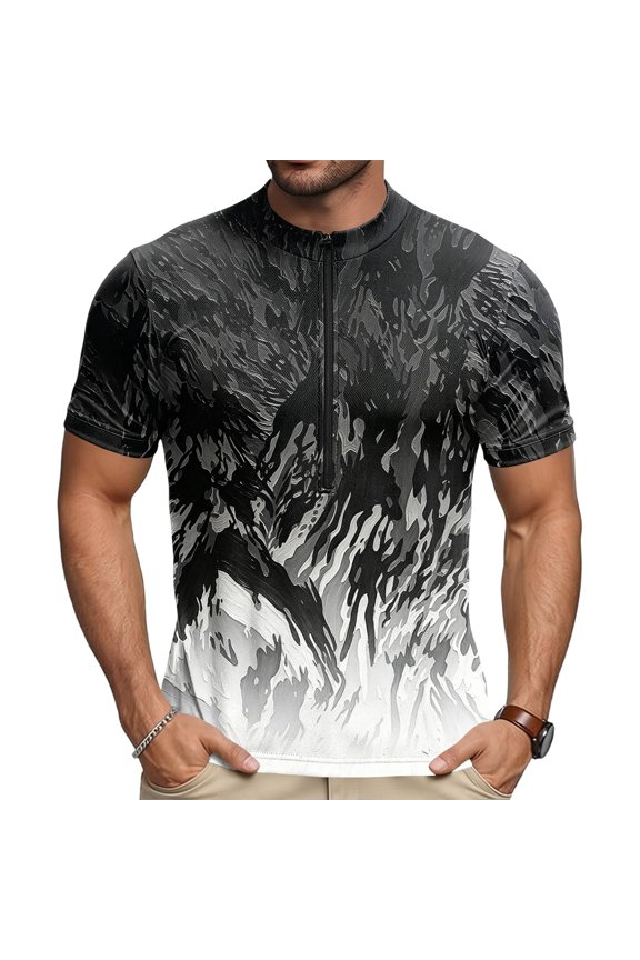 Mens Cycling Jersey Cycling Shirt Short Sleeve Bike Riding Shirt, 1/4 Zip Flame Pattern Graphic Top, for Competitive Bicycle Road Racing, Camo Gradient Quick Dry Sportswear Tee