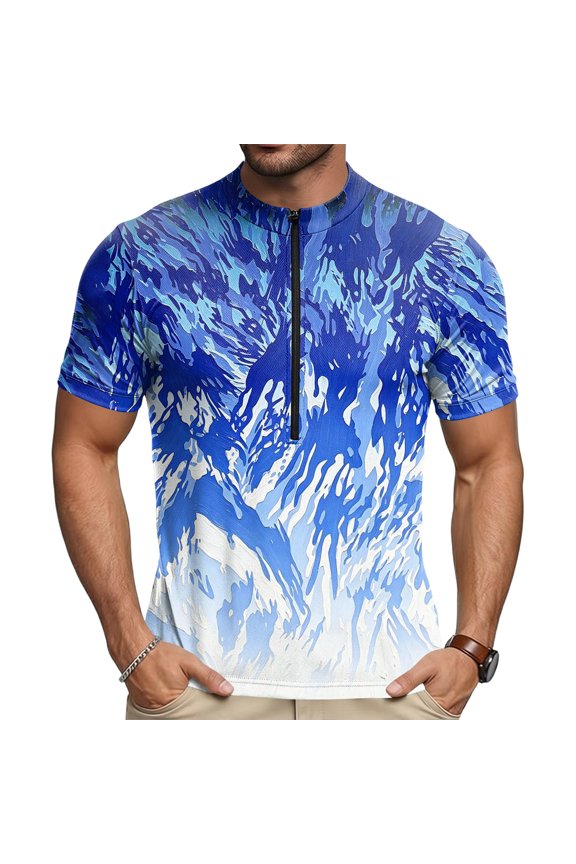 Mens Cycling Jersey Cycling Shirt Short Sleeve Bike Riding Shirt, 1/4 Zip Flame Pattern Graphic Top, for Competitive Bicycle Road Racing, Camo Gradient Quick Dry Sportswear Tee