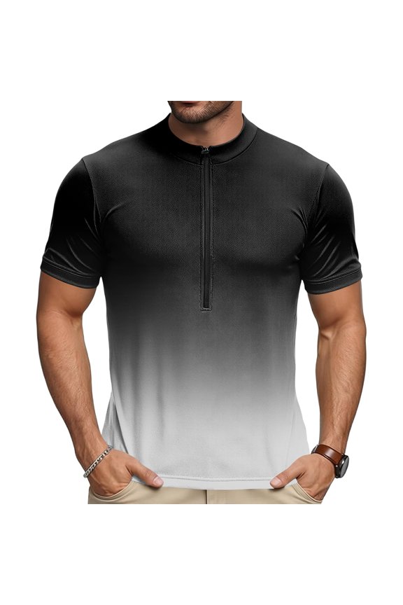 Mens Cycling Jersey Cycling Shirt Short Sleeve Bike Riding Shirt, 1/4 Zip Gradient Print Breathable Top, for Professional Road Bicycle Racing, Ombre Color Quick Dry Athletic Wear