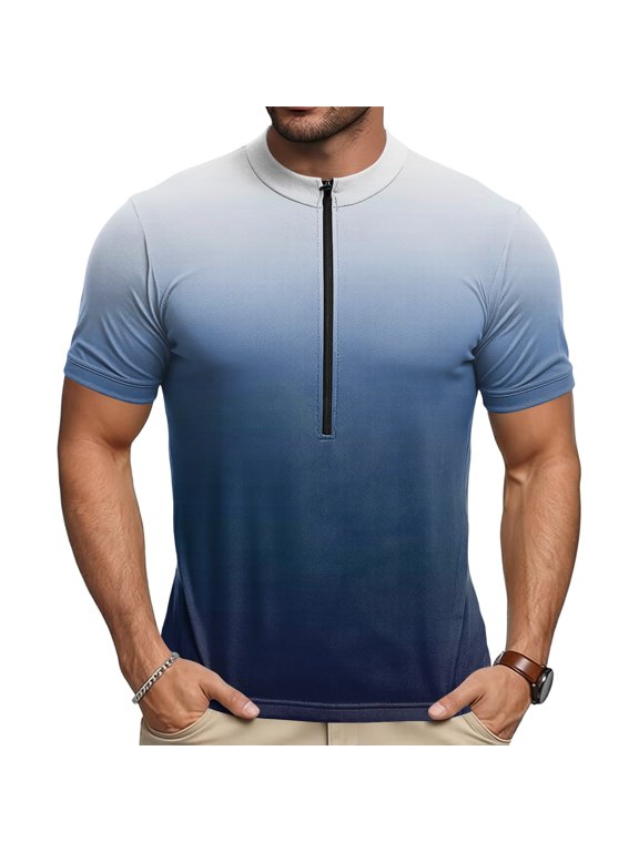 Mens Cycling Jersey Cycling Shirt Short Sleeve Bike Riding Shirt, 1/4 Zip Gradient Print Breathable Top, for Professional Road Bicycle Racing, Ombre Color Quick Dry Athletic Wear
