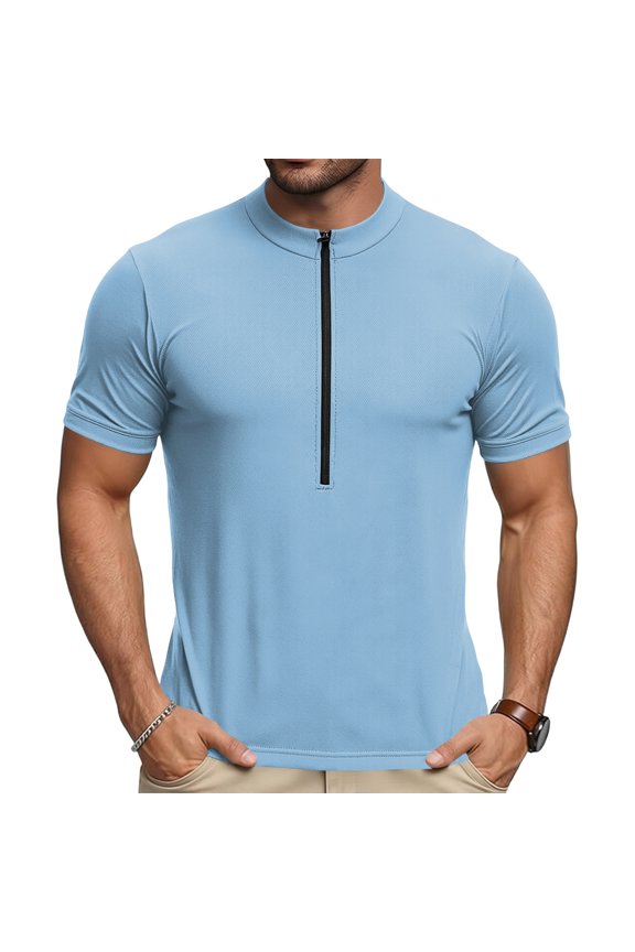 Mens Cycling Jersey Cycling Shirt Short Sleeve Bike Riding Shirt, 1/4 Zip Moisture Wicking Mock Neck Top, for Mountain Biking Track Training, Solid Color Quick Dry Activewear Tee