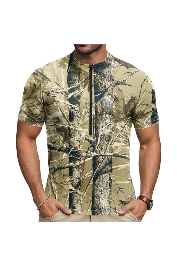 Mens Cycling Jersey Cycling Shirt Short Sleeve Bike Riding Shirt, 1/4 Zip Tactical Camo Printed Top, for Competitive Bicycle Road Racing, Oak Foliage Quick Dry Sportswear Tee