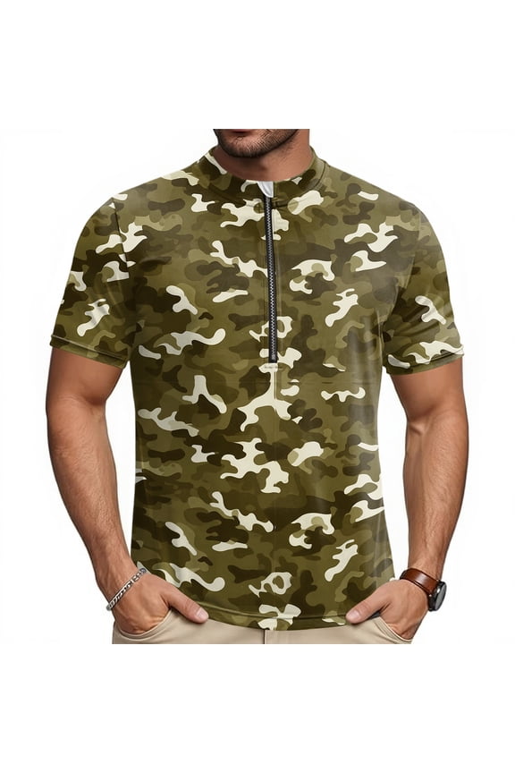 Mens Cycling Jersey Cycling Shirt Short Sleeve Bike Riding Shirt, All-Terrain Camouflage Sportswear with 3 Rear Pockets, Breathable Quick Dry Top for Biking, Stand Collar Training Shirt