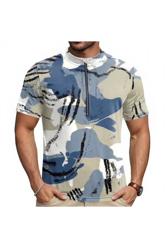 Mens Cycling Jersey Cycling Shirt Short Sleeve Bike Riding Shirt, Camouflage Patterned Sportswear with 3 Rear Pockets, Breathable Quick Dry Top for Biking, Stand Collar Athletic Blouse