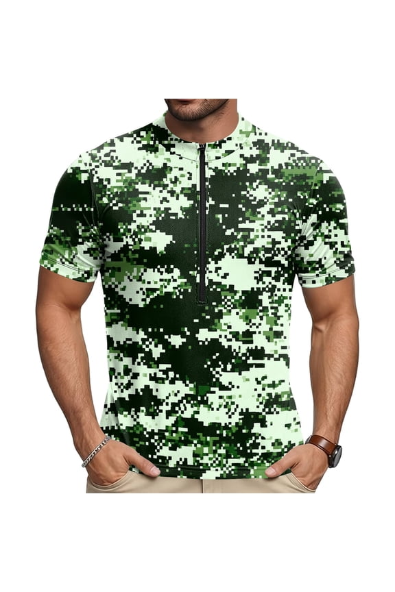 Mens Cycling Jersey Cycling Shirt Short Sleeve Bike Riding Shirt, Gradient Camo Printed Top, Rear Zippered Anti-Theft Cellphone Pocket, Breathable Quick Dry Bicycle Activewear Tee