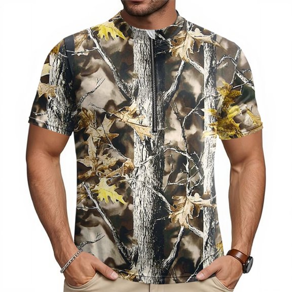 Mens Cycling Jersey Cycling Shirt Short Sleeve Bike Riding Shirt, Primal Camouflage Printed Pattern, 1/4 Zip Activewear with 3 Rear Pockets Moisture Wicking Breathable Quick Dry Biking Shirt